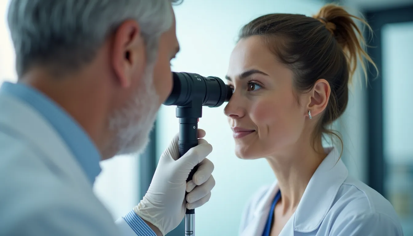 KBB doktoru otoskop kullanarak kulak mantarı muayenesi yapıyor