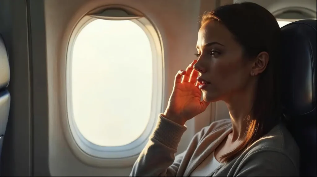 Uçak inişi sırasında kulağında basınç hisseden modern şehirli kadın yolcu
