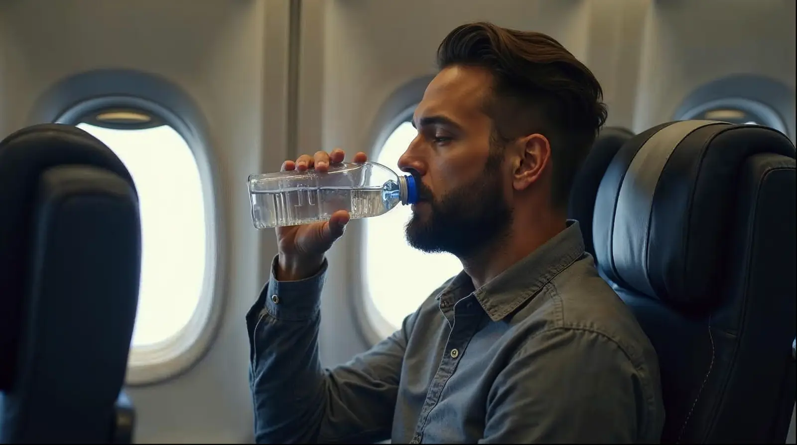 Uçak yolculuğunda su içip yutkunarak kulak basıncını dengelemeye çalışan yolcu
